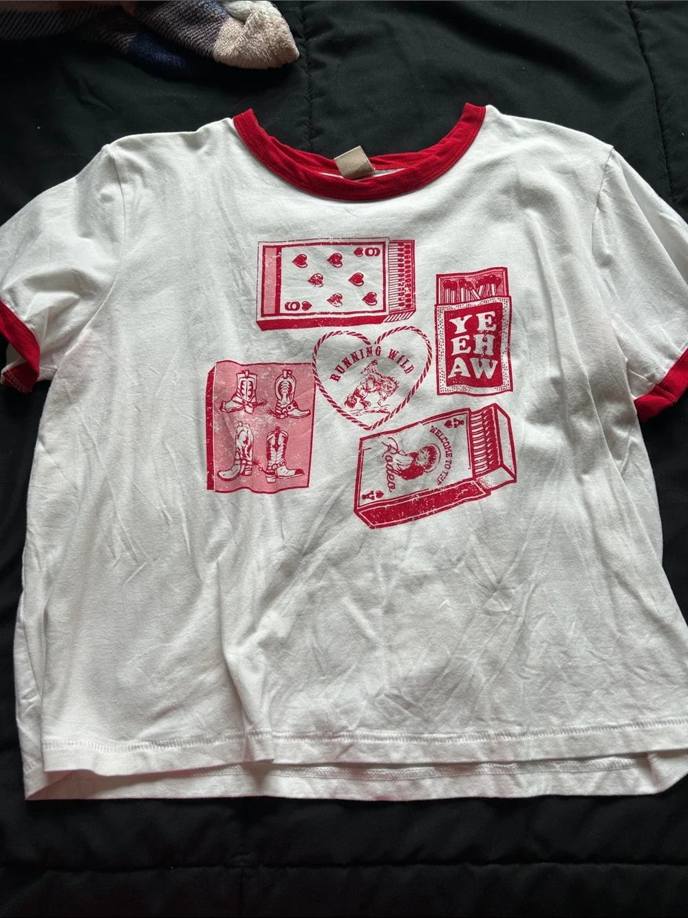 Women’s White & Red Graphic Ringer Tee - 'Yeehaw' Western Print - Picture 1 of 2